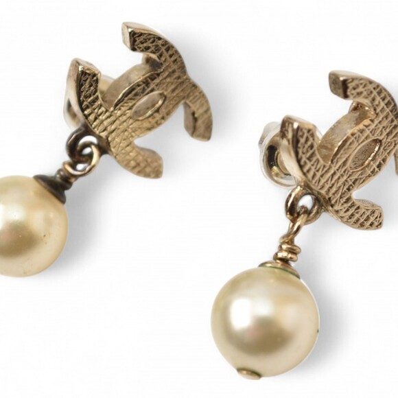 CHANEL Authentic Gold Pearl Logo Earrings
